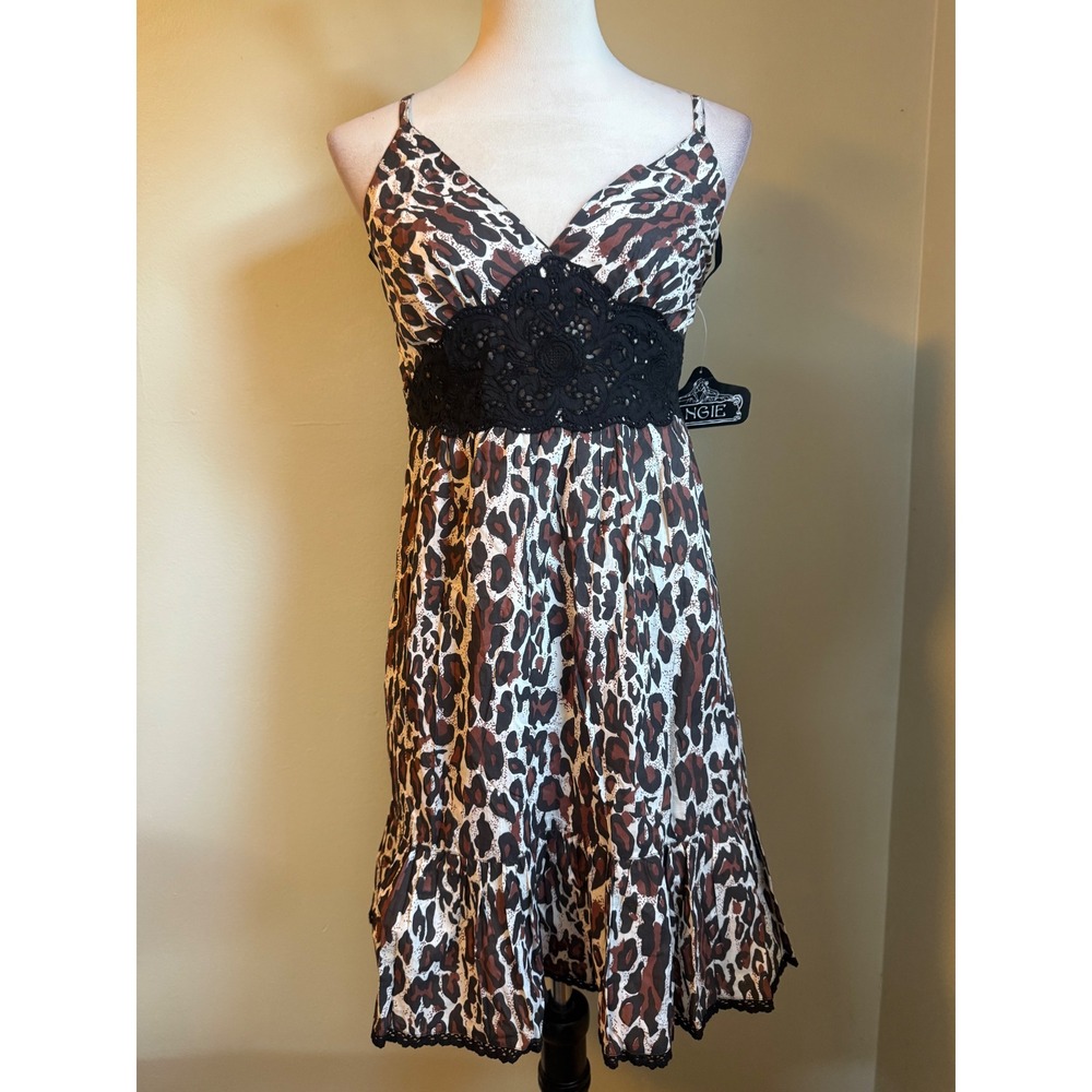 Angie Leopard Cotton mini Dress Crochet Lace  Ruffle Hem‎ S NWT y2k boho animal
